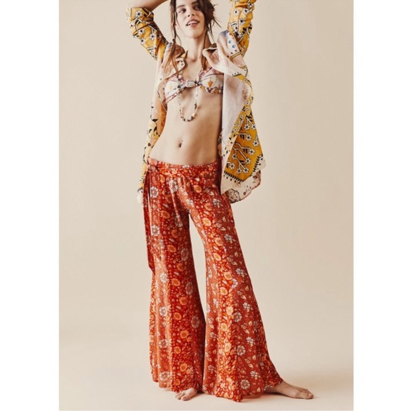 NWT Free People Bali Sultry Boho Floral Wide Leg Flare Pants Sage